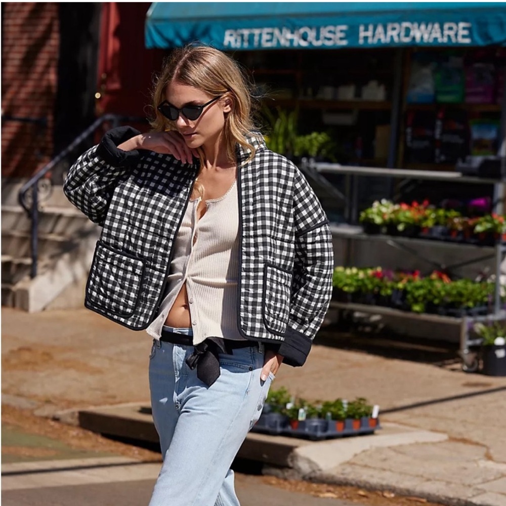 Free People Black & White Gingham Bomber Jacket